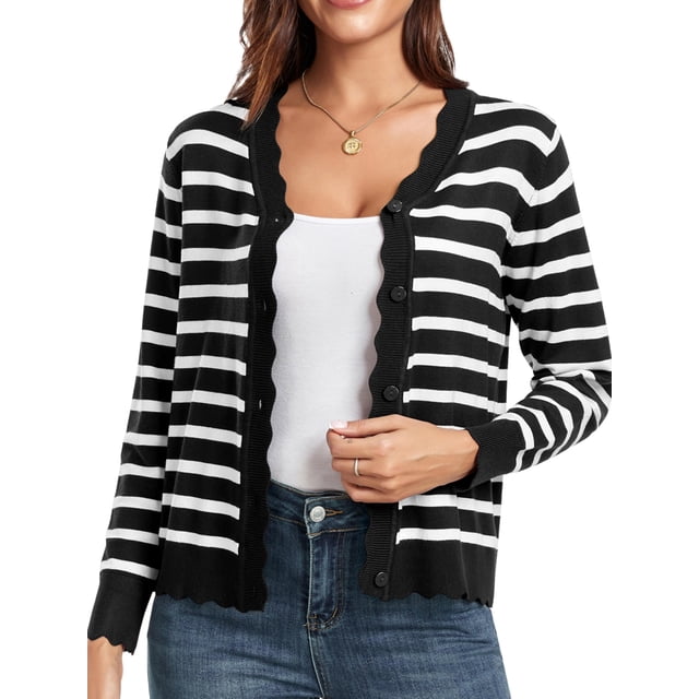 Cardigans pour Femmes à Manches Longues, Décontractés, Légers, Boutonnés, Col en V, Chandail d'Automne, Rayures Noires, TG
