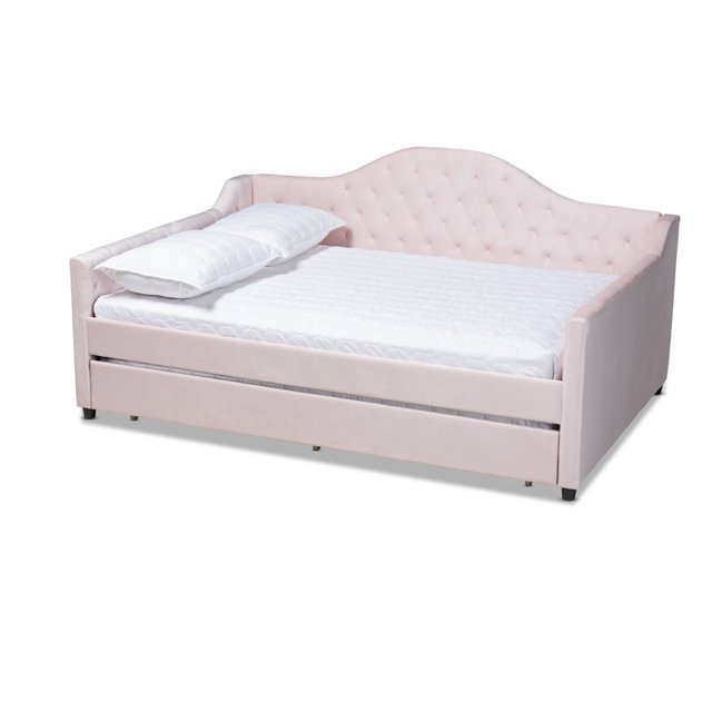 Baxton Studio Perry Velvet Upholstered Queen Daybed with Trundle in Pink
