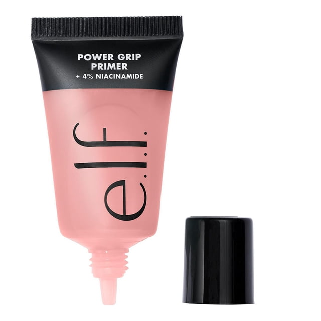 e.l.f. Power Grip Primer + 4% Niacinamide in a 0.05 fl. oz. pink and black gel-based squeeze tube with the black cap removed, showing the pointed applicator tip, designed to brighten skin, even tone, and grip makeup for long-lasting wear, suitable for all skin types and travel-friendly.