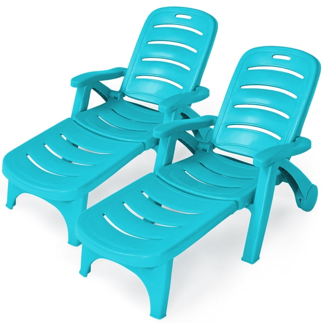 Topbuy 2 PCS Patio Chaise Lounge Chair 5-Position Folding Recliner - Set of 2, Turquoise. Two turquoise weather-resistant outdoor lounge chairs made of durable PP material with adjustable backrests offering five positions. Features a lightweight folding design with smooth wheels for easy transport and storage. Ideal for patios, poolside, or gardens.