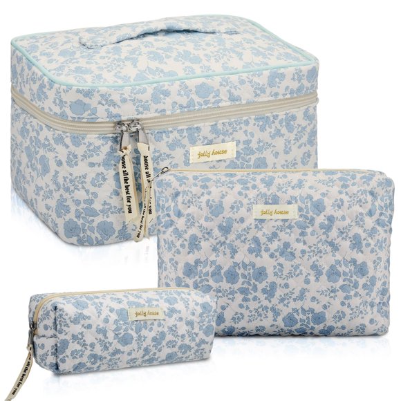 Zeyune 3 Pcs Quilted Makeup Bag Large Cosmetic Floral Makeup Bag Travel Toiletry Storage Aesthetic Cute Cosmetic Pouch with Zipper for Women Mother's Day Birthday Gift Home Bathroom(B