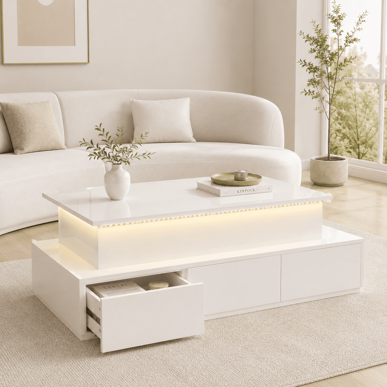 Homy Casa table basse blanche relevable avec 4 tiroirs, lumières LED et rangement caché pour salon