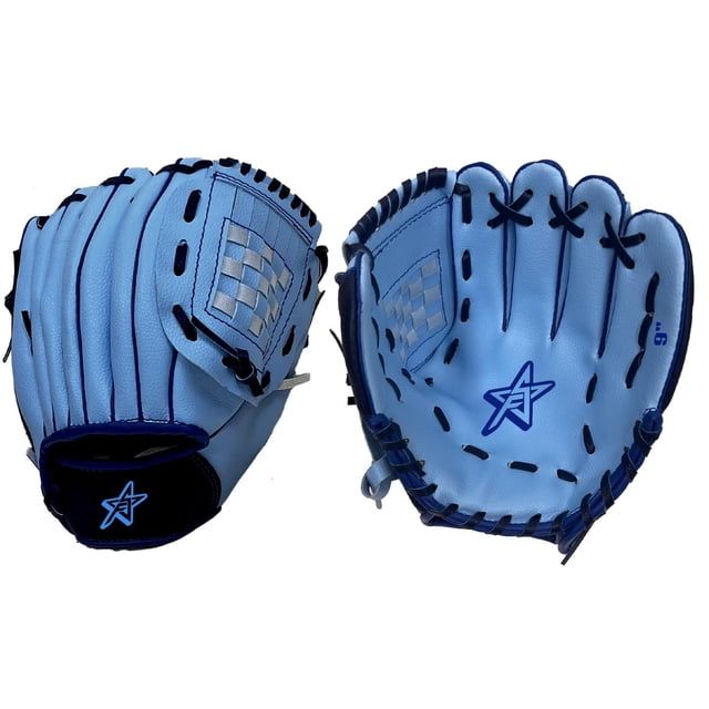 Future Stars 9" Tee Ball Glove - Left Hand Catch in blue synthetic leather with dark blue lacing, featuring a woven checkered wrist strap and adjustable closure, sized 9 inches for young left-handed baseball players.