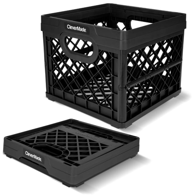 CleverMade Collapsible Milk Crate 25L (6.6 Gal), 50 lb Capacity Heavy Duty Folding Crate – Stackable Storage Crates with File Rails, Plastic Collapsible Crates - Obsidi