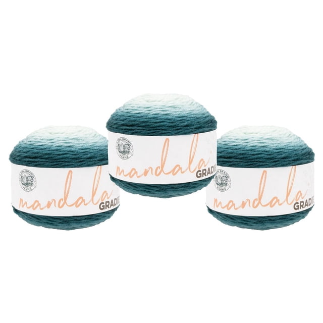 Lion Brand Mandala® Gradient Yarn #4 Medium/Worsted Yarn 150g/270m 3-pack showing three gradient yarn cakes transitioning from dark teal to white, wrapped in white labels with Mandala branding, made of 90% acrylic and 10% nylon, machine washable, suitable for knitting, crochet, and home décor projects.
