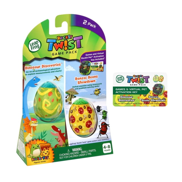 LeapFrog RockIt Twist™ 2 Pack: Dinosaur Discoveries™ and Banzai Beans Showdown™ featuring two egg-shaped educational game packs with dinosaur and bean patterns, activation keys, and virtual pet figures, designed to develop problem-solving and measurement skills for children aged 4-8 years.