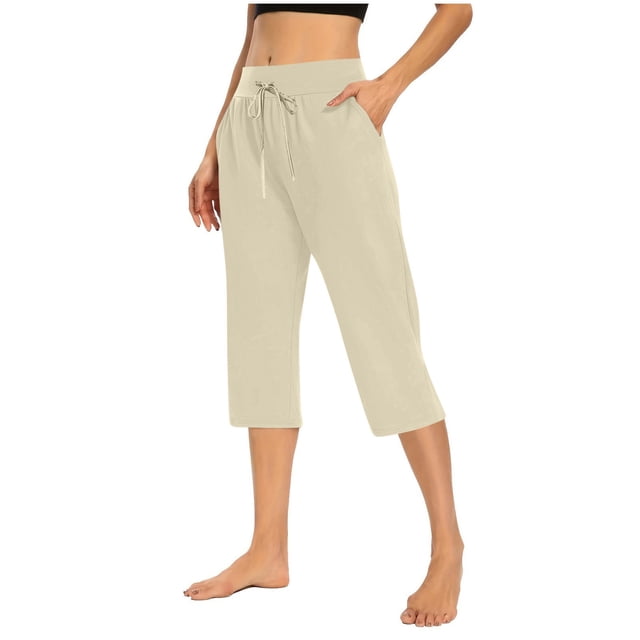 Plebaso Capri Pants for Women Drawstring Cropped Wide Leg Pants Lightweight Lounge Yoga Capris with Pockets