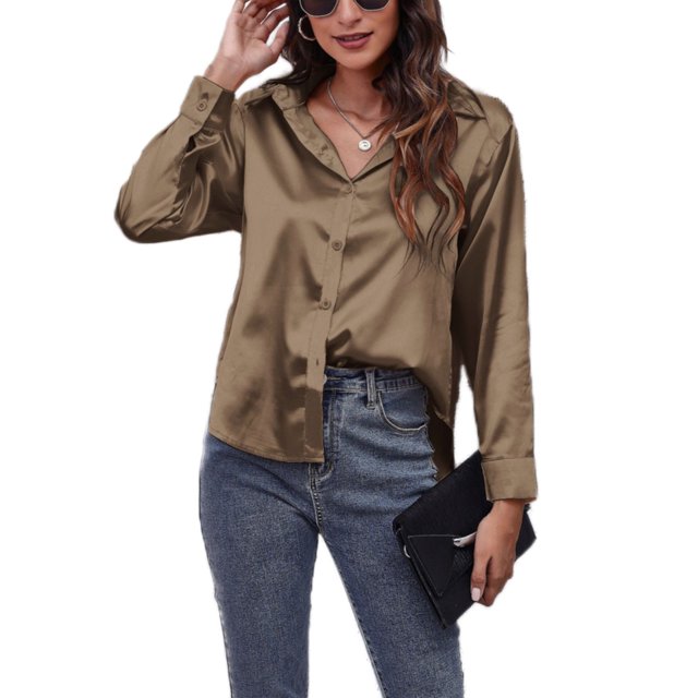 Innerwin Hauts Col à Revers Chemises pour Femmes Travail Boutonné Blouse à Simple Boutonnage Kaki Foncé S