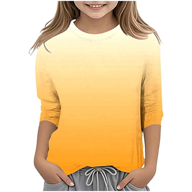Splozh T-Shirts à Manches Longues pour Fille T-Shirt Décontracté à Col Rond à Manches Trois Quarts T-Shirt Régulier Basique Haut à Manches 3/4 Jaune, 8-9 Ans