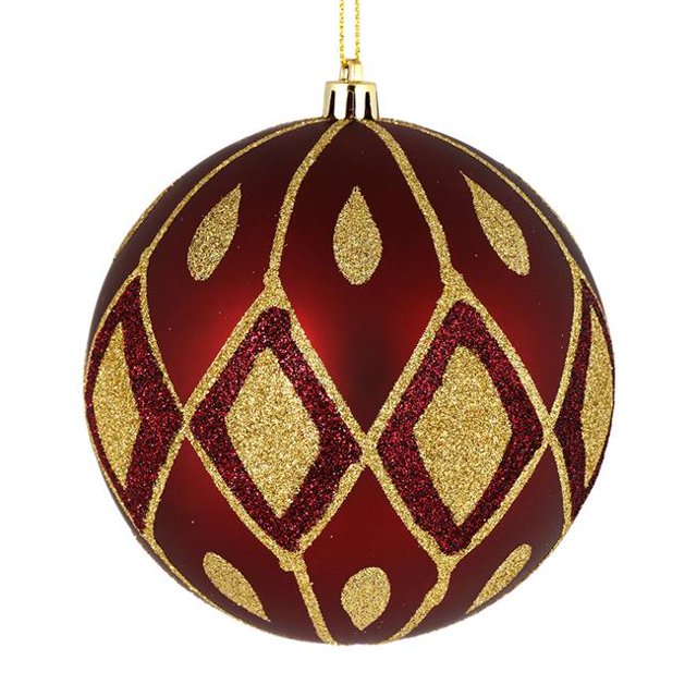 Vickerman N188119D 4.75 in. Wine Matte Ball Ornament with Glitter Diamond Pattern 4 per Pack