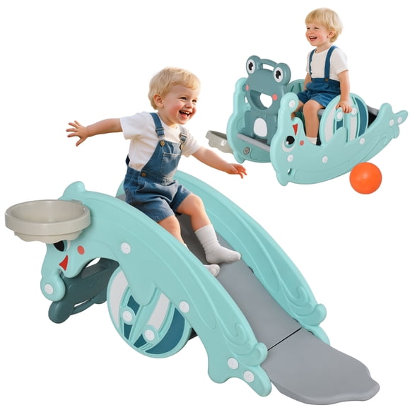 Qaba Glissoire 3-en-1 pour Enfants et Cheval à Bascule à Double Usage, Équipement d'Activité pour Enfants, Glissoire Portable Jouet de Terrain de Jeu Intérieur Extérieur avec Panier de Basketball, Cadeau d'Anniversaire pour Tout-Petit, Âge 1,5-3, Vert