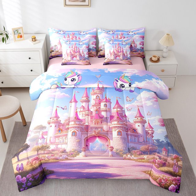 Erosebridal Princess Castle Bed in a Bag King size, Fantasy Fairy Tale Bed Set, Pink Purple, Reversible 7 Pieces