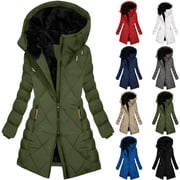 Frostluinai Women's Winter Thickened Quilted Jacket Warm Long Puffer Coat Solid Overcoat Parka with Faux Fur Removable Hood