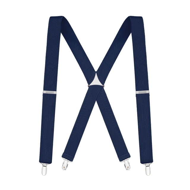 Buyless Fashion Suspenders for Men with 48-inch elastic adjustable straps in an X-back design. These navy blue suspenders feature 1 1/4-inch wide straps, durable metal clips with plastic inserts for a secure hold, and a leather crosspatch for added style. Suitable for trousers, jeans, and shorts, these suspenders are ideal for daily wear, work, weddings, and other special occasions.