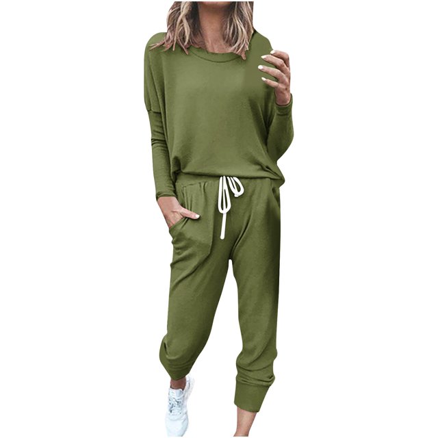 Birdeem Womens Printing Round Neck Long Sleeve Solid Two-Piece Comfortable Home Pajamas Pocket Set Sports Set