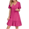 thumbnail image 1 of LOVZFMLL Robes d'Été pour Femmes Décontractées à Manches Courtes Col en V Robe de Plage Fluide à Volants Longueur Genou Rose Vif TTG, 1 of 9