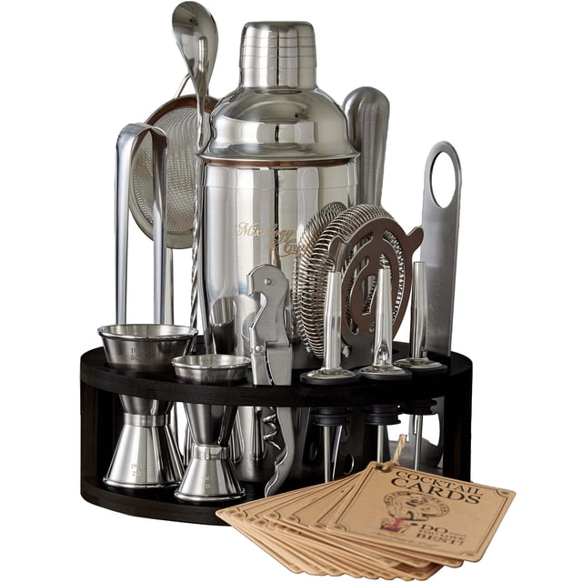 Mixology & Craft Bartender Kit - 15 Piece Set with stainless steel cocktail shaker, bar accessories including strainers, jiggers, spoons, and pourers, organized in a black stand. Perfect for home entertaining and drink mixing, includes exclusive recipe cards.