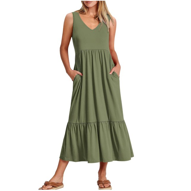 Robes Maxi pour Femmes 2023 Décontractées Mode pour Femmes Col en V Sans Manches Uni Poches Robe à Empiècements à Enfiler Robes de Soirée pour Femmes Élégantes et Chic en Liquidation