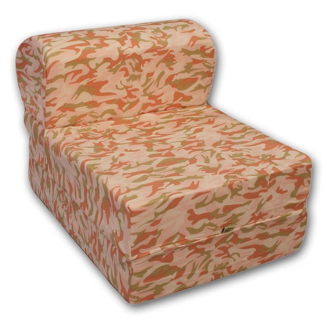 ComfyKids® 2-in-1 Flip Chair with pink, orange, and green camouflage fabric, shown in chair form with rounded backrest and cushioned seat, designed for kids' living room seating that flips into a bed for naps or sleepovers.