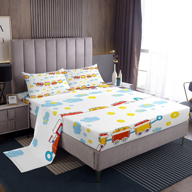 Erosebridal Cartoon Bus Car Bed Sheets Set Full Size, Construction Vehicle Bed Sheets Full, Colorful Flower Decor