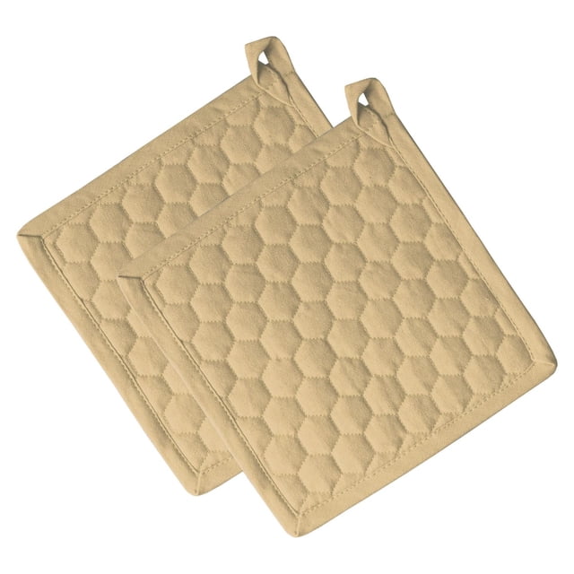 Fabstyles Fouta Cotton Pot Holder Set of 2 in beige, square cotton pot holders with quilted hexagonal pattern and corner hanging loops, designed for handling hot cookware and protecting kitchen surfaces, also suitable as heat-resistant trivets.
