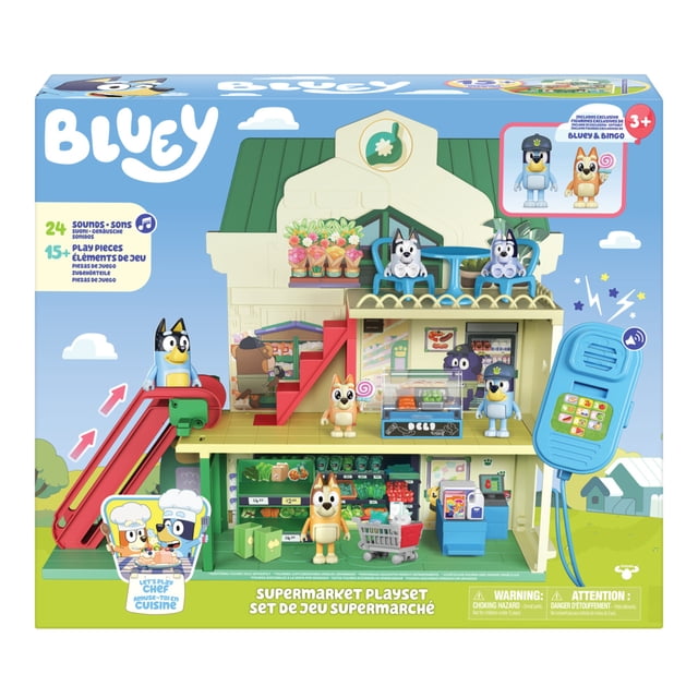 Bluey Supermarket Playset with over 40cm height featuring three levels including a working escalator, rooftop cafe, and 15+ play pieces with exclusive Bluey and Bingo figures. Includes 24 sound effects and a supermarket intercom, suitable for imaginative play and exploring shopping scenarios.