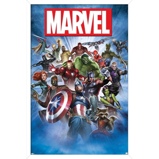 Marvel Comics - Affiche Murale Photo de Groupe, 22,375 Pouces x 34 Pouces Mettant en Vedette un Groupe de Superhéros Marvel Incluant Captain America avec Bouclier, Iron Man en Armure Rouge, Hulk, Thor avec Marteau, Spider-Man, Black Panther, Star-Lord, Rocket Raton Laveur, Gamora, Groot et Hawkeye avec Nœud, sur Fond Bleu avec des Faisceaux Lumineux Rayonnants et le logo Marvel en Haut, Imprimé sur Papier Lustré Idéal pour l'Art Mural et la Déco de Pièce.