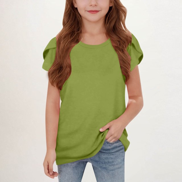 WMTBSRSW Offres Prime Day Filles Mode Floral Manches Courtes T-Shirts d'Été Unis Basiques Décontractés Col Rond 5-14 Ans