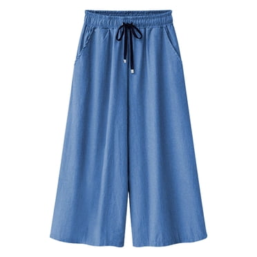 Meichang Denim Capris Pants for Women Plus Size Stretchy Waist Drawstring Cotton Linen Jeans Pants Solid Baggy Casual Palazzo Pants Business Work Lounge Wide Leg Jeans Pants