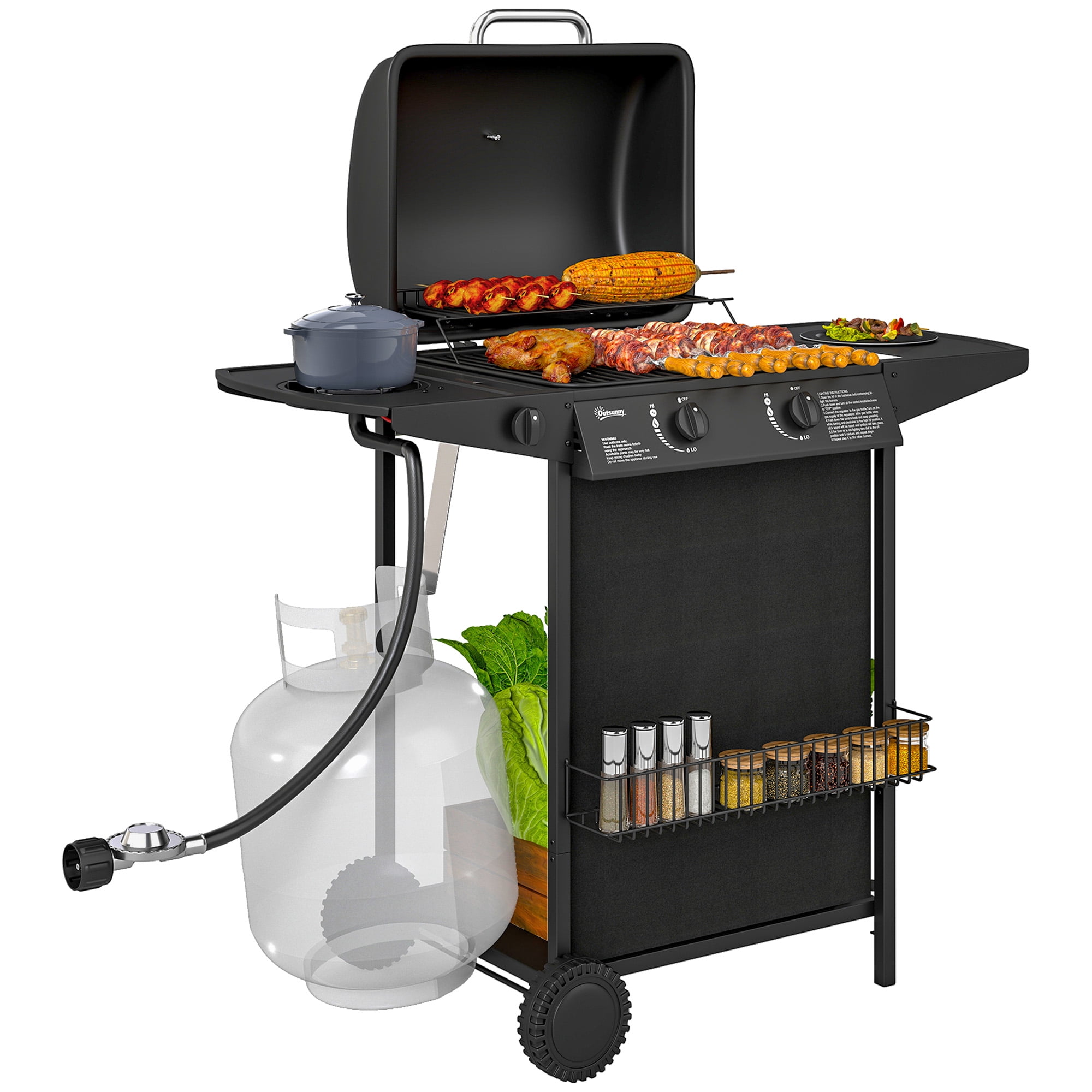Outsunny 2+1 Burner Propane Gas BBQ Grill, Portable Gas Grill, Black