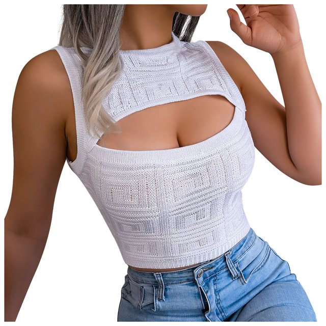 AherBiu Hauts Courts pour Femmes Débardeurs Tricotés à Découpes Sans Manches Blouse Ajustée Hauts de Sortie pour Femmes