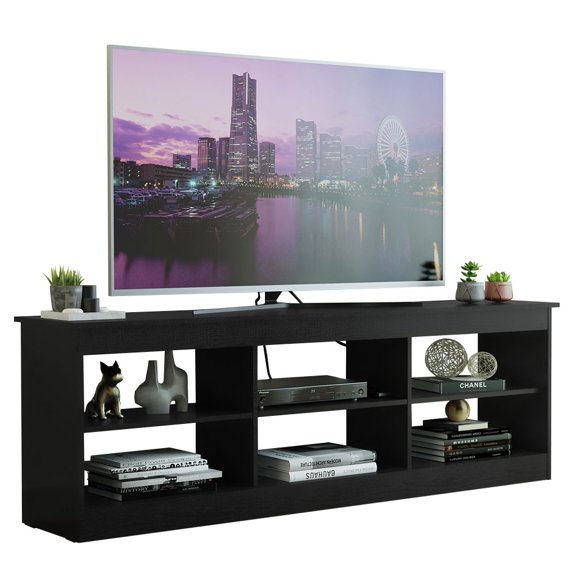 Madesa TV Stand Entertainment Center TV Bench with 6 Open Shelves Easy Cable Management for 65, 75 Inch Living Room and Bedroom Modern Wooden Television Media Console - Black