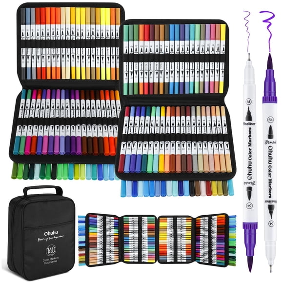 Ohuhu Marqueurs pour Livres de Coloriage pour Adultes Sans Saignement 160 Couleurs à Base d'Eau à Double Pointe Fineliner et Pinceau Marqueurs de Coloriage pour Enfants A