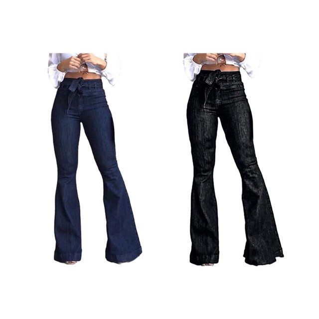 pitrice Women Wide Leg Jeans High Waist Flared Pants Solid Color Strap Spring Summer Hip-Lifting Ladies Trousers For Office Blue M 1Set