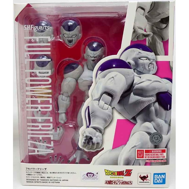 Dragonball Z 6 Inch Action Figure S.H. Figuarts Exclusive - Frieza Full Power by Tamashii Nations. This multicolour action figure features Frieza in his full power form from the Frieza Saga. The set includes exchangeable hand parts, head parts with various expressions, ankle parts, and two Death Saucer effects. Bonus facial parts for Super Saiyan Son Goku - Legendary Super Saiyan are also included. Packaged in a display box with vibrant graphics and branding.