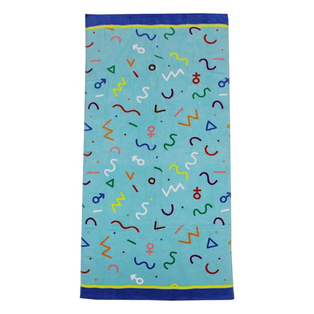 Mainstays Printed Beach Towel measuring 28 by 60 inches, made of 100% soft cotton with one side velour and one side terry, featuring a light blue background with colorful abstract squiggles, triangles, and gender symbols in red, yellow, green, purple, orange, and white, bordered by a dark blue edge with a thin yellow stripe, ideal for drying off at the beach or wrapping up on cooler days.