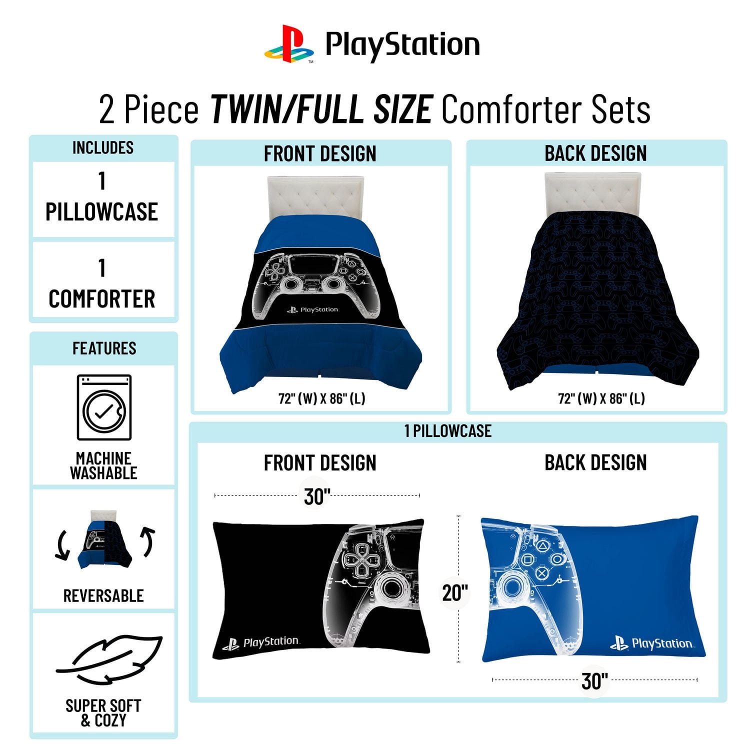 Sony Playstation Ensemble de Douillette et Taie d'Oreiller Réversible pour Lit 1 ou 2 Places Pour Enfants, 100% Polyester