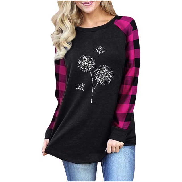 Mode Décontractée pour Femmes O Col Cou Coutures Impression à Manches Longues T-Shirt Top Chemisier