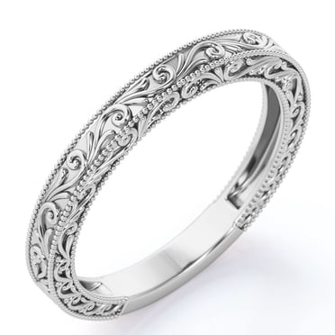 JeenMata Alliance de Mariage Vintage à Filigrane - Bord Perlé - en Placage Or Blanc 18 K