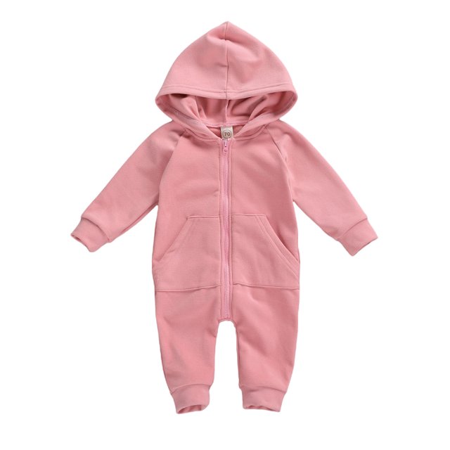 Combinaison à Manches Longues pour Bébé Mode Automne Couleur Unie avec Capuche à Fermeture Éclair une Pièce Pantalon Long avec Poche