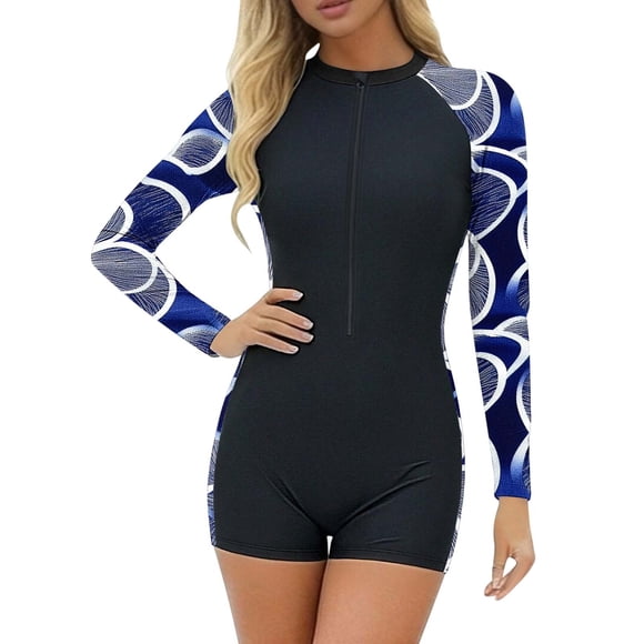 RXMEKW Long Sleeve One-Piece Swimsuit for Women with Zipper Front, Conservative Surf Wetsuit, Floral Print Rash Guard for Beach and Pool
