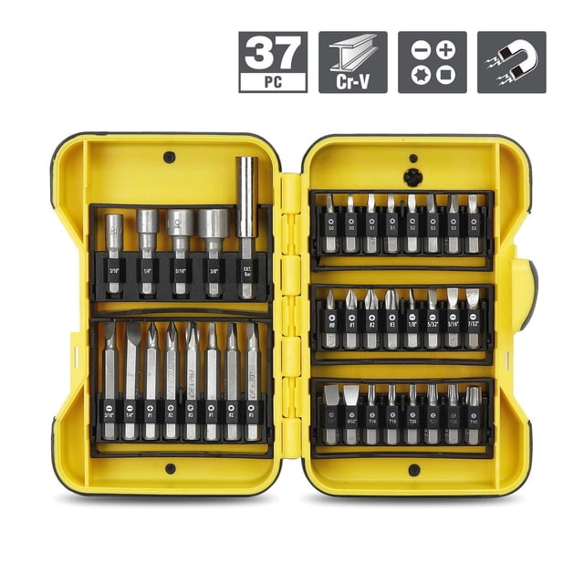 WorkPro Screwdriver Bit Set - 37 Piece in a yellow case with chrome vanadium bits including 24 one-inch bits, 8 two-inch bits, 4 nut drivers, and a magnetic bit holder, ideal for drill bit accessories and home tool maintenance.