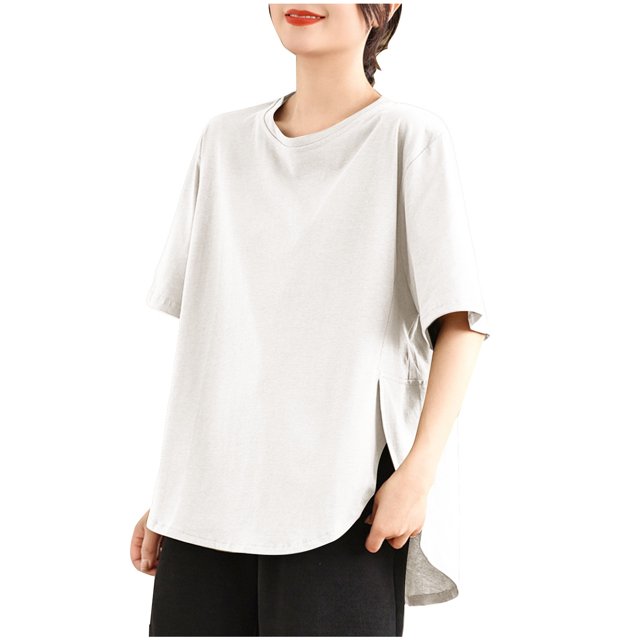 Timegard Womens Oversized Tops Half Sleeve Crew Neck Side Split Casual Loose Tops Basic Tshirts Blouse