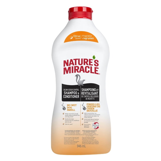 Nature’s Miracle Skunk Odor Control Shampoo & Conditioner 946 mL squeeze bottle with citrus scent, pH balanced formula for dogs and cats that neutralizes skunk odors using OdorCapture 360™ technology while moisturizing and conditioning skin and coat, free of parabens and dyes.