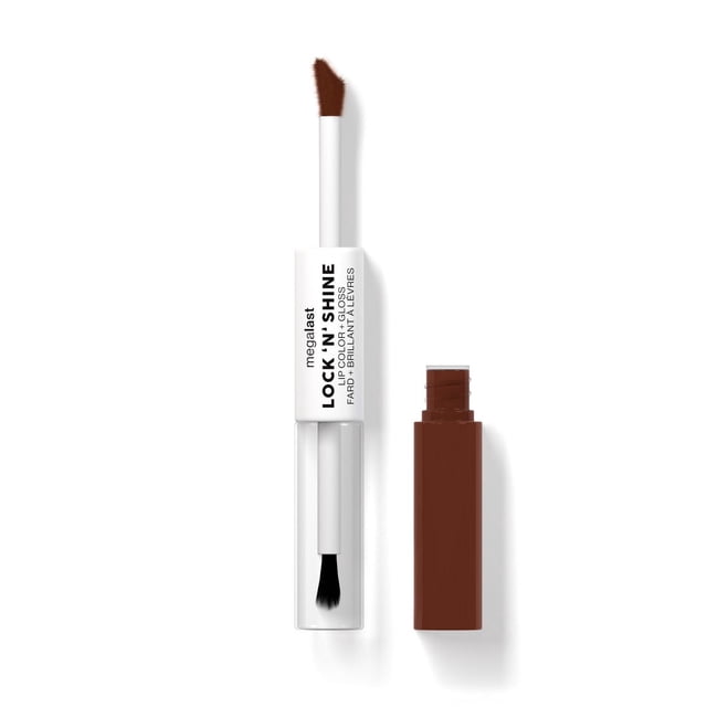 Megalast Lock 'N' Shine Lip Color + Gloss dual-ended lip product with a white rectangular handle labeled in black, featuring a brown lip color applicator on one end and a clear gloss brush on the other, designed for layering vibrant color with high-shine gloss.