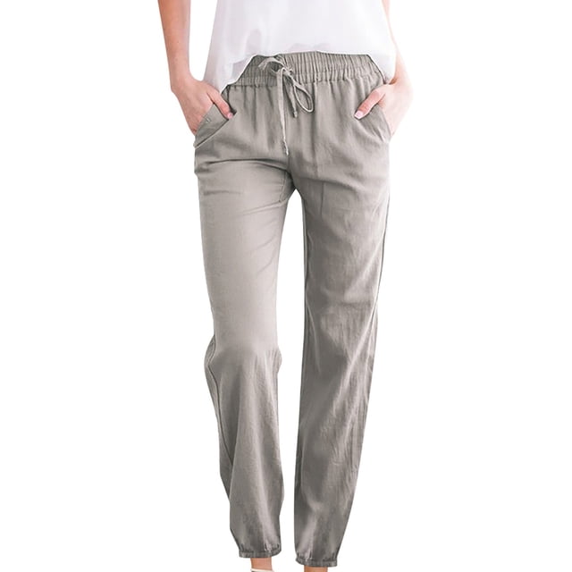 FNFYFH Clearance Cotton Linen Pants for Women Drawstring Elastic Pant with Pockets Solid Trousers,Gray