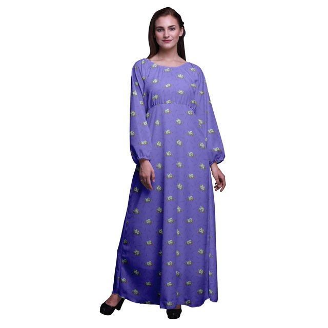 Bimba Robe Maxi à Manches Longues pour Femmes en Georgette Mousse Imprimée de Feuilles et d'Anémones, Taille Élastique - X-Grand