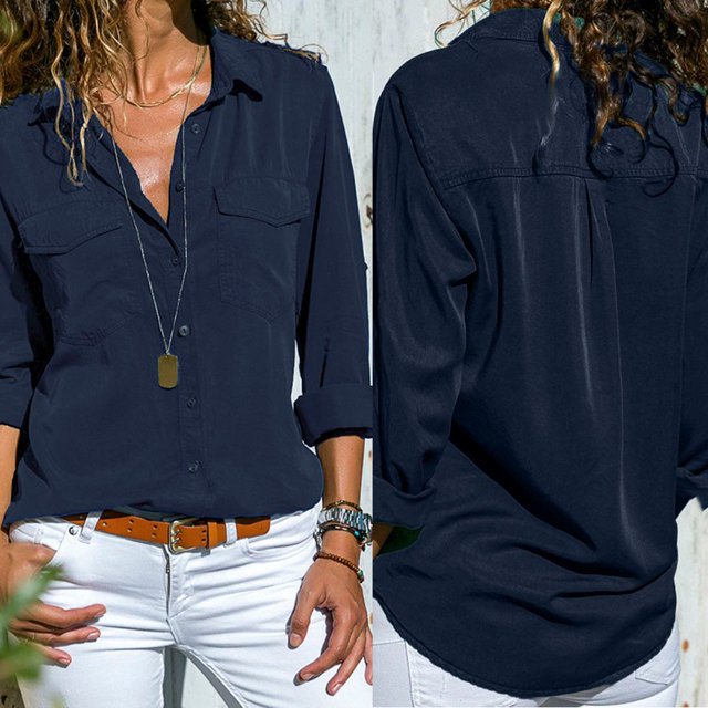 Chemise Décontractée pour Femmes, Unie, à Manches Longues, Col Rabattu, avec Poches, Boutonnée devant