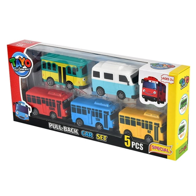 AMERTEER 5Pcs Little Bus TAYO Toy Set with pull-back mini cars, including Tayo, Rogi, Gani, and Rani. Brightly colored plastic toy buses with funny facial expressions, perfect for kids aged 3 and up. Packaged in a vibrant box, ideal for play vehicles and toy car enthusiasts.