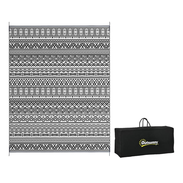 Outsunny Waterproof Outdoor Rug with Carry Bag, measuring 8' x 10', in a grey and cream boho design. The rug features a reversible pattern with intricate geometric details and is made from durable, water-resistant, and UV-resistant materials. It includes four corner straps for secure placement and folds compactly into a black carry bag with the Outsunny logo for easy transport and storage. Suitable for camping, picnics, RVs, patios, and more.